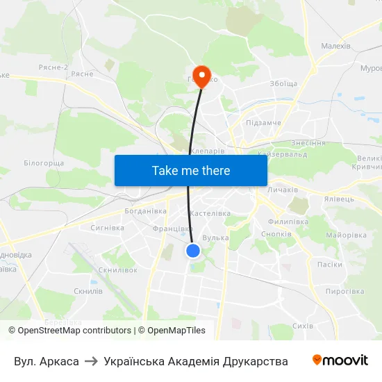 Вул. Аркаса to Українська Академія Друкарства map