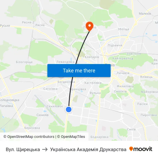 Вул. Щирецька to Українська Академія Друкарства map