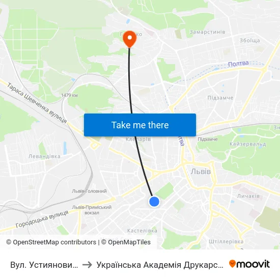 Вул. Устияновича to Українська Академія Друкарства map
