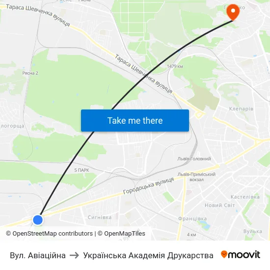 Вул. Авіаційна to Українська Академія Друкарства map