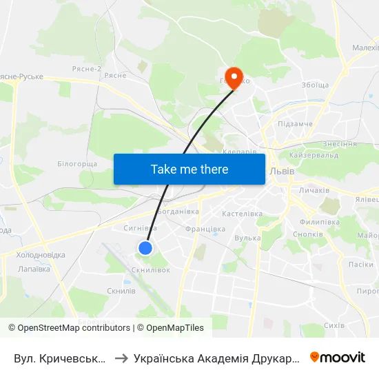 Вул. Кричевського to Українська Академія Друкарства map
