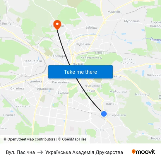 Вул. Пасічна to Українська Академія Друкарства map