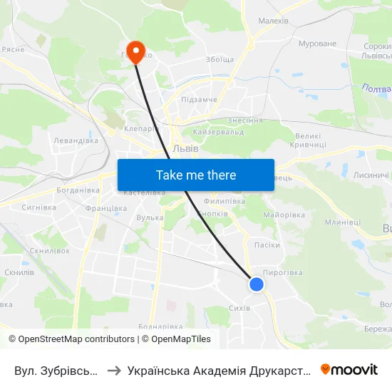 Вул. Зубрівська to Українська Академія Друкарства map
