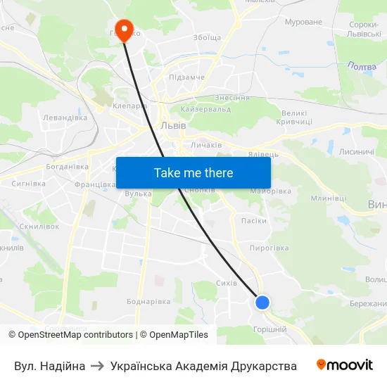 Вул. Надійна to Українська Академія Друкарства map