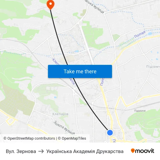 Вул. Зернова to Українська Академія Друкарства map