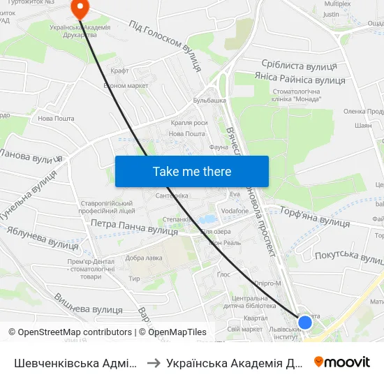 Шевченківська Адміністрація to Українська Академія Друкарства map