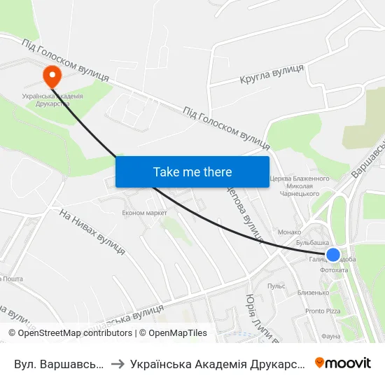 Вул. Варшавська to Українська Академія Друкарства map