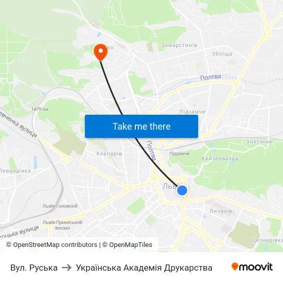 Вул. Руська to Українська Академія Друкарства map