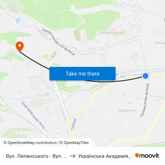 Вул. Липинського - Вул. Миколайчука to Українська Академія Друкарства map