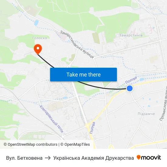 Вул. Бетховена to Українська Академія Друкарства map