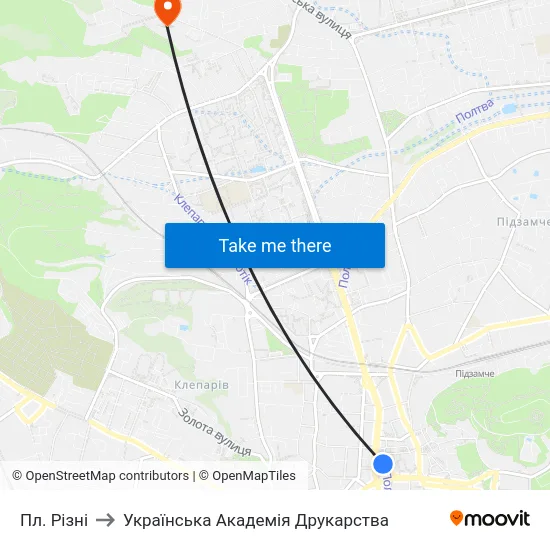 Пл. Різні to Українська Академія Друкарства map