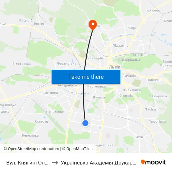 Вул. Княгині Ольги to Українська Академія Друкарства map