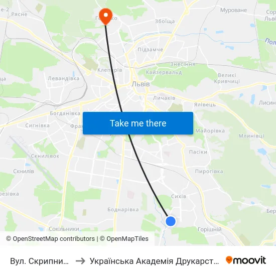 Вул. Скрипника to Українська Академія Друкарства map