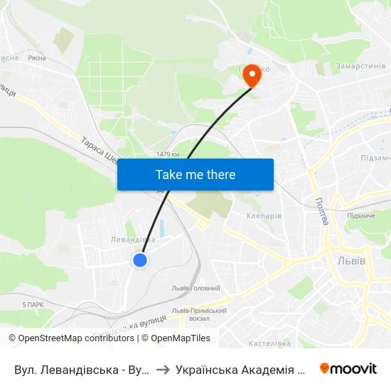 Вул. Левандівська - Вул. Широка to Українська Академія Друкарства map