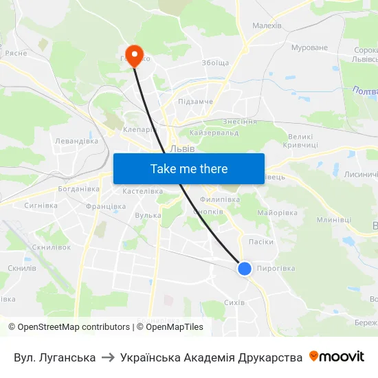 Вул. Луганська to Українська Академія Друкарства map