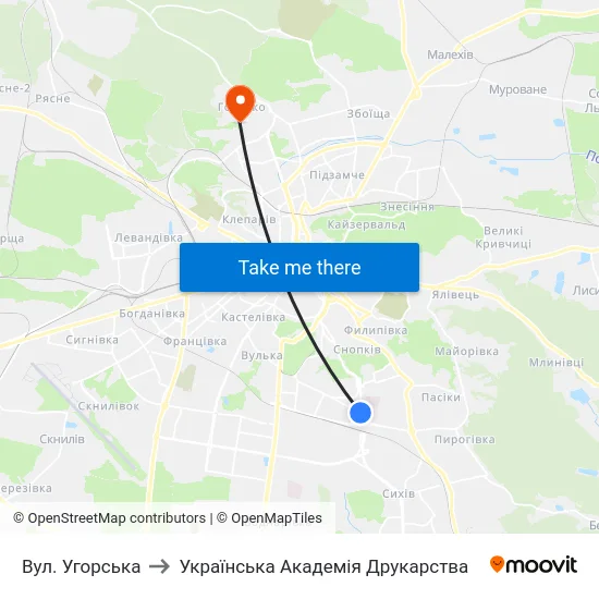 Вул. Угорська to Українська Академія Друкарства map