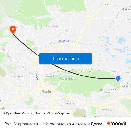 Вул. Старознесенська to Українська Академія Друкарства map