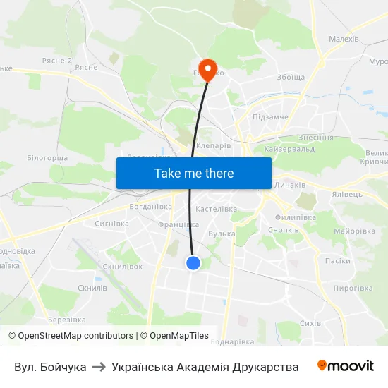 Вул. Бойчука to Українська Академія Друкарства map