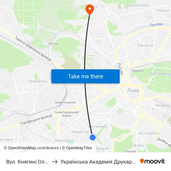 Вул. Княгині Ольги to Українська Академія Друкарства map