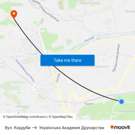 Вул. Кордуби to Українська Академія Друкарства map