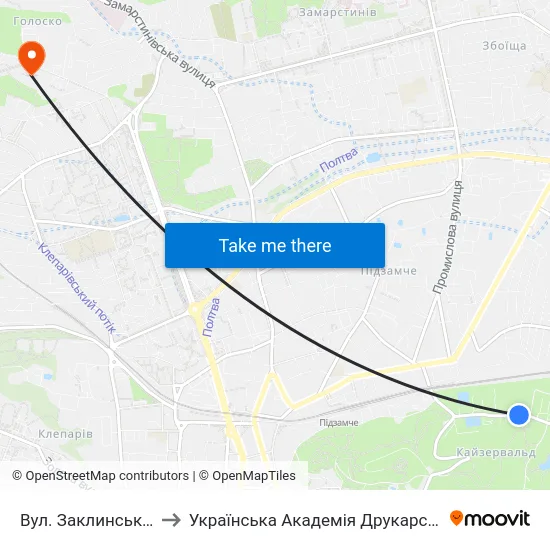 Вул. Заклинських to Українська Академія Друкарства map