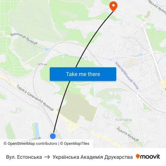 Вул. Естонська to Українська Академія Друкарства map
