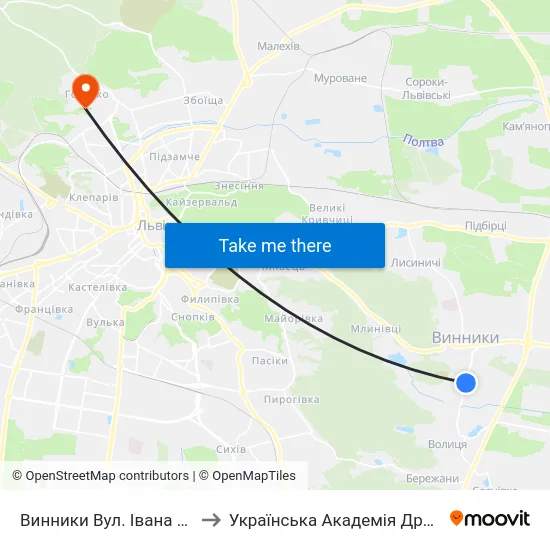 Винники Вул. Івана Франка to Українська Академія Друкарства map