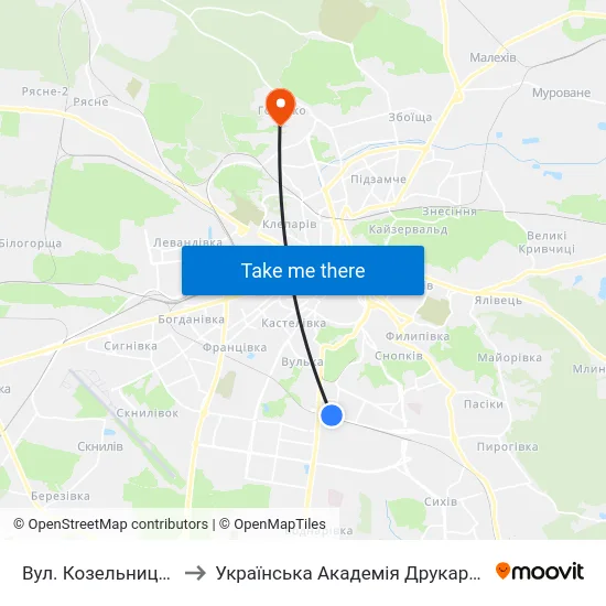Вул. Козельницька to Українська Академія Друкарства map