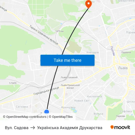 Вул. Садова to Українська Академія Друкарства map