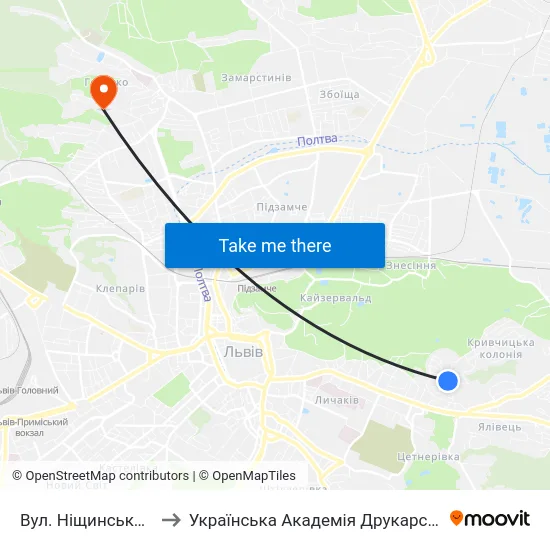 Вул. Ніщинського to Українська Академія Друкарства map