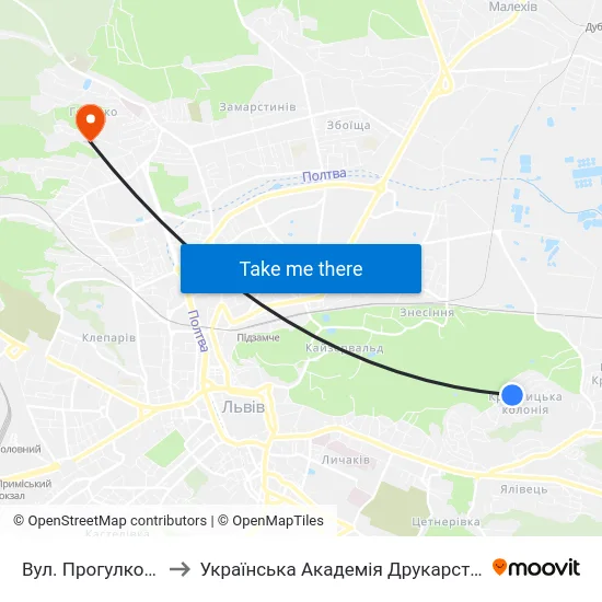 Вул. Прогулкова to Українська Академія Друкарства map