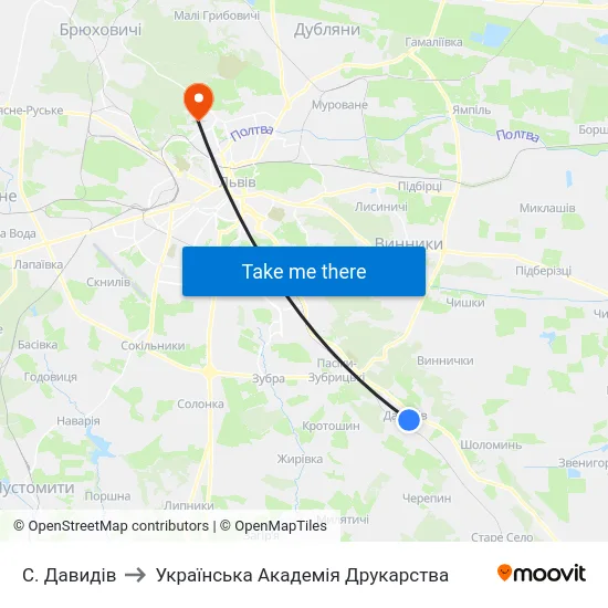 С. Давидів to Українська Академія Друкарства map