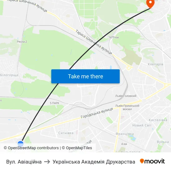 Вул. Авіаційна to Українська Академія Друкарства map