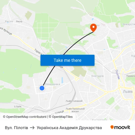 Вул. Пілотів to Українська Академія Друкарства map
