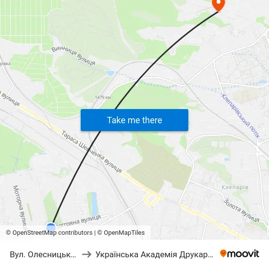 Вул. Олесницького to Українська Академія Друкарства map