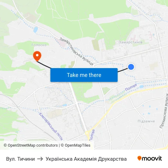 Вул. Тичини to Українська Академія Друкарства map