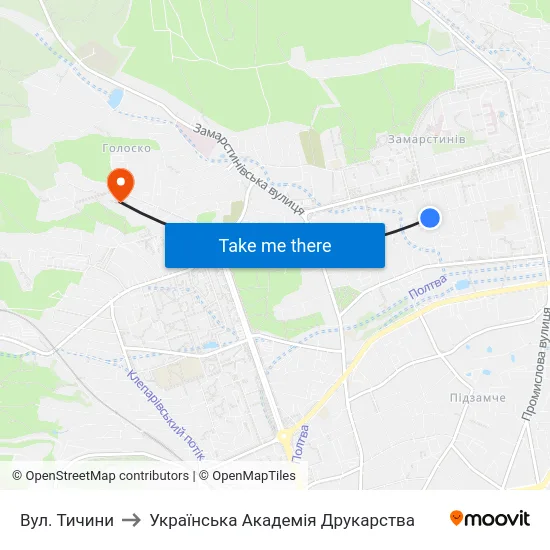 Вул. Тичини to Українська Академія Друкарства map