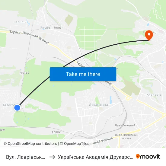 Вул. Лаврівського to Українська Академія Друкарства map