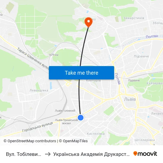 Вул. Тобілевича to Українська Академія Друкарства map