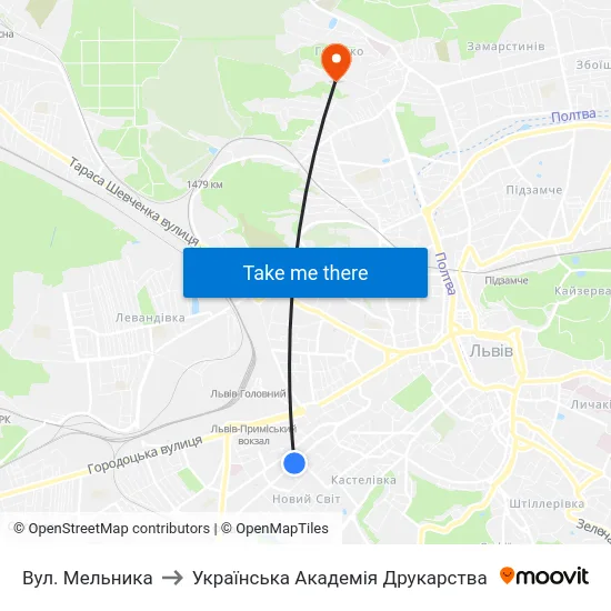 Вул. Мельника to Українська Академія Друкарства map
