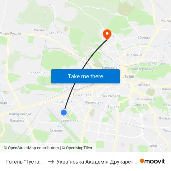 Готель "Тустань" to Українська Академія Друкарства map