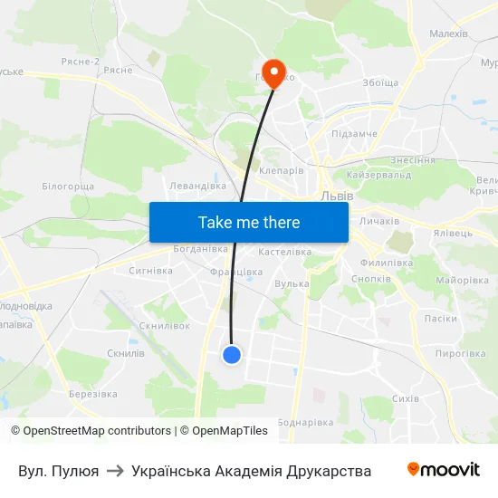 Вул. Пулюя to Українська Академія Друкарства map