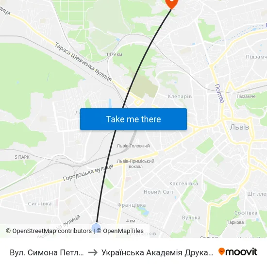Вул. Симона Петлюри to Українська Академія Друкарства map