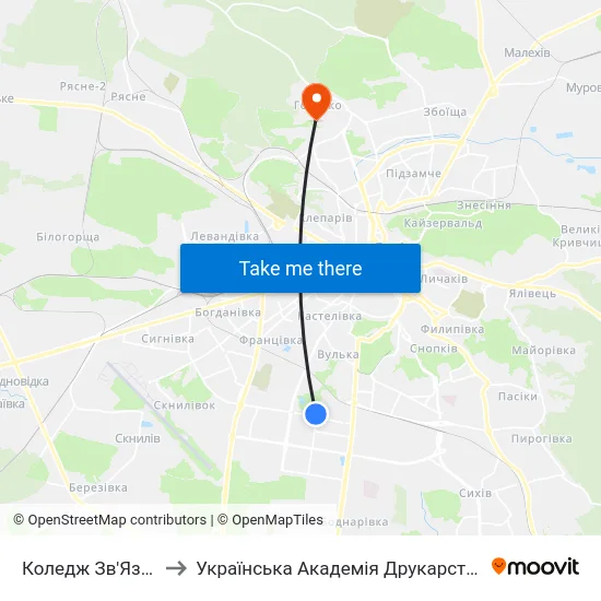 Коледж Зв'Язку to Українська Академія Друкарства map