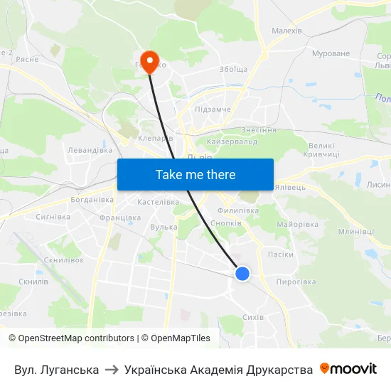 Вул. Луганська to Українська Академія Друкарства map