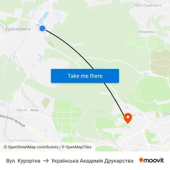 Вул. Курортна to Українська Академія Друкарства map