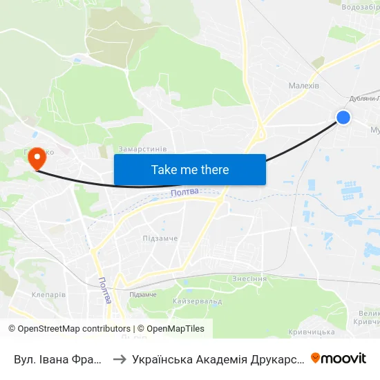 Вул. Івана Франка to Українська Академія Друкарства map