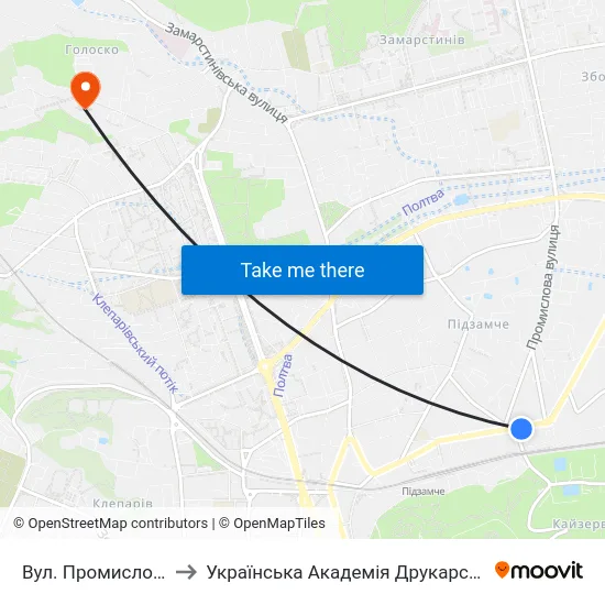 Вул. Промислова to Українська Академія Друкарства map