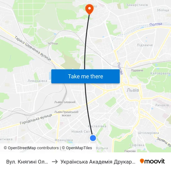 Вул. Княгині Ольги to Українська Академія Друкарства map