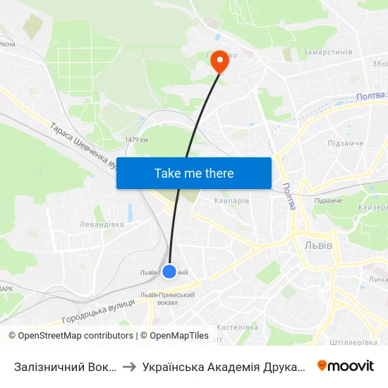 Залізничний Вокзал to Українська Академія Друкарства map